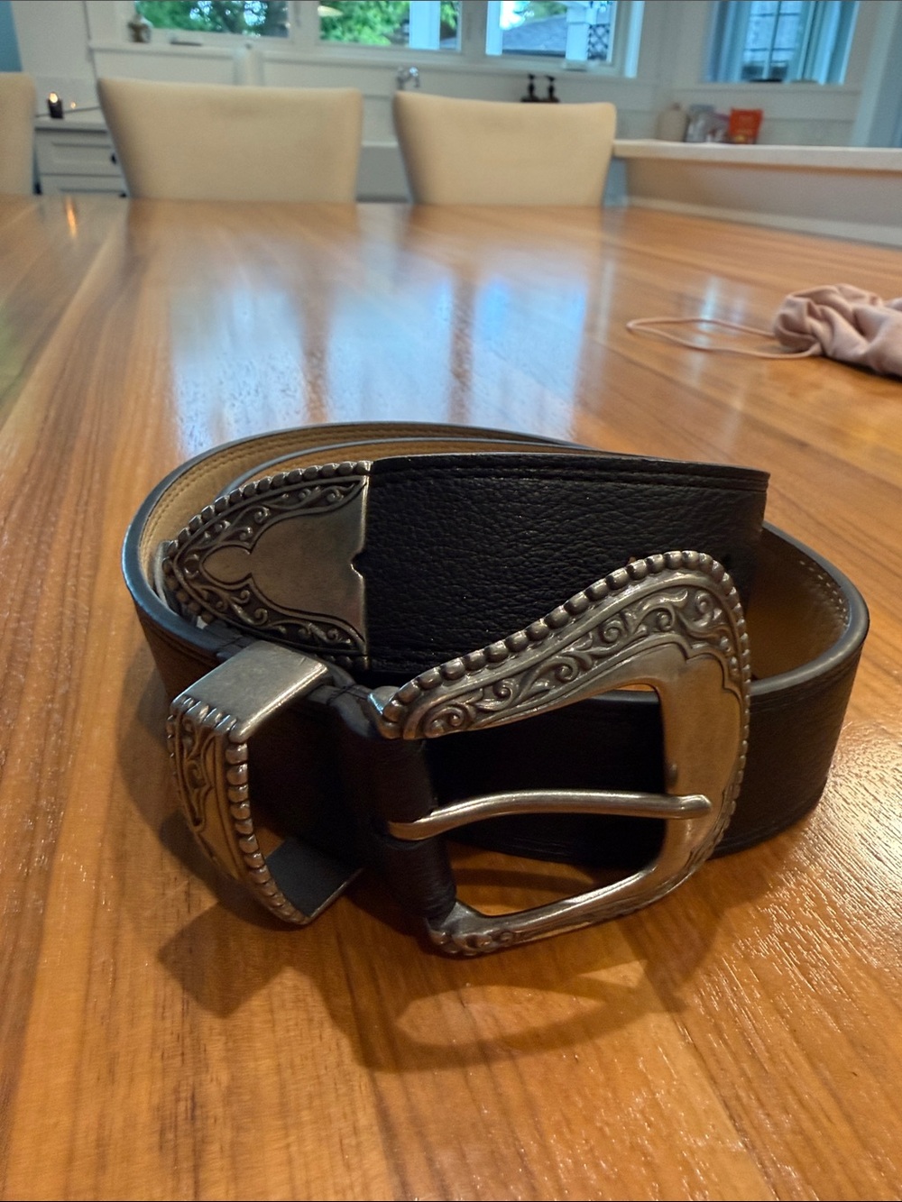 Vince Camuto Black Leather Belt with Ornate Silver Buckle